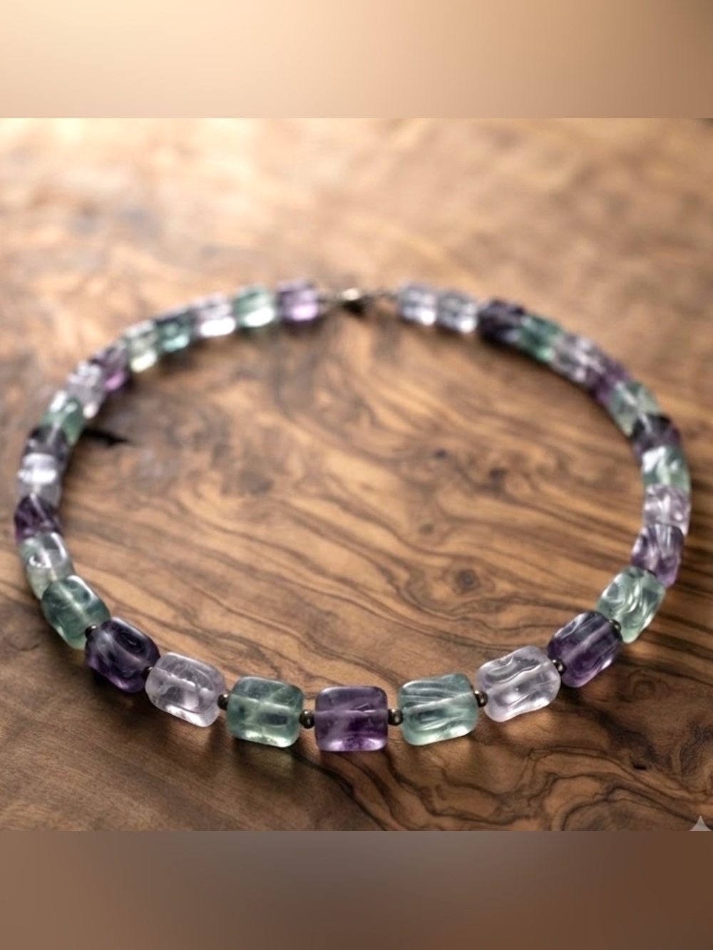 Carved natural Fluorite gemstone beaded Necklace sterling toggle clasp